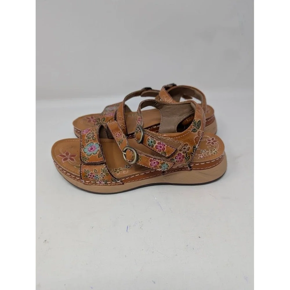 L'Artiste by Spring Step Sweetened Leather Sandals Brown Floral Wedge sz 37 US 7